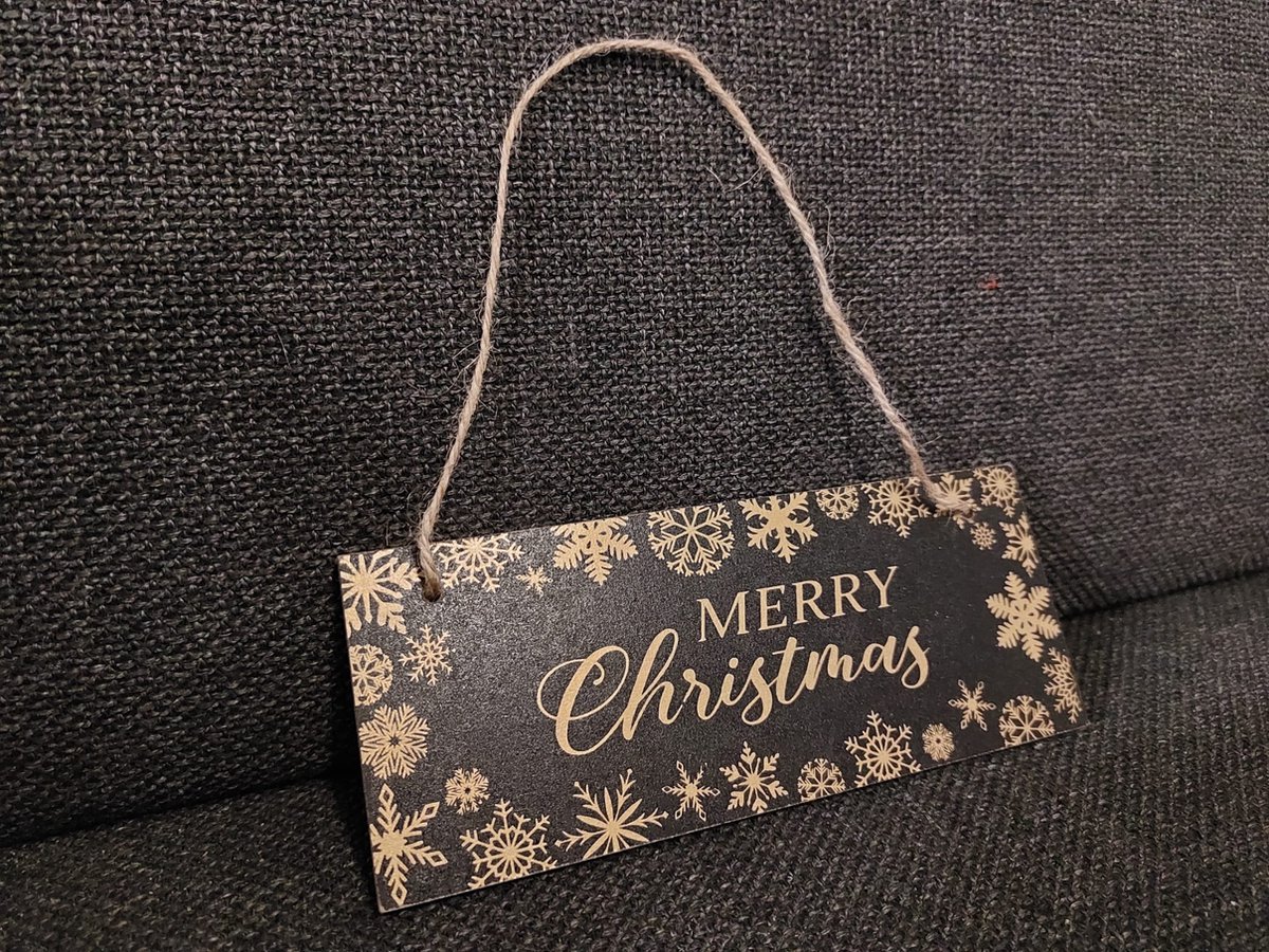 Kerst Decoratie - Merry Christmas | Ophangbaar Bordje 20 x 8 cm - Zwart-Goud | Kerst Woondecoratie - Muurdecoratie Kerstmis